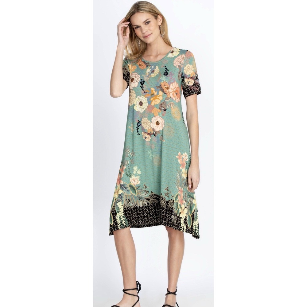 Johnny Was Millay Swing Dress Teal Floral Bamboo Viscose Midi Cottagecore   XS